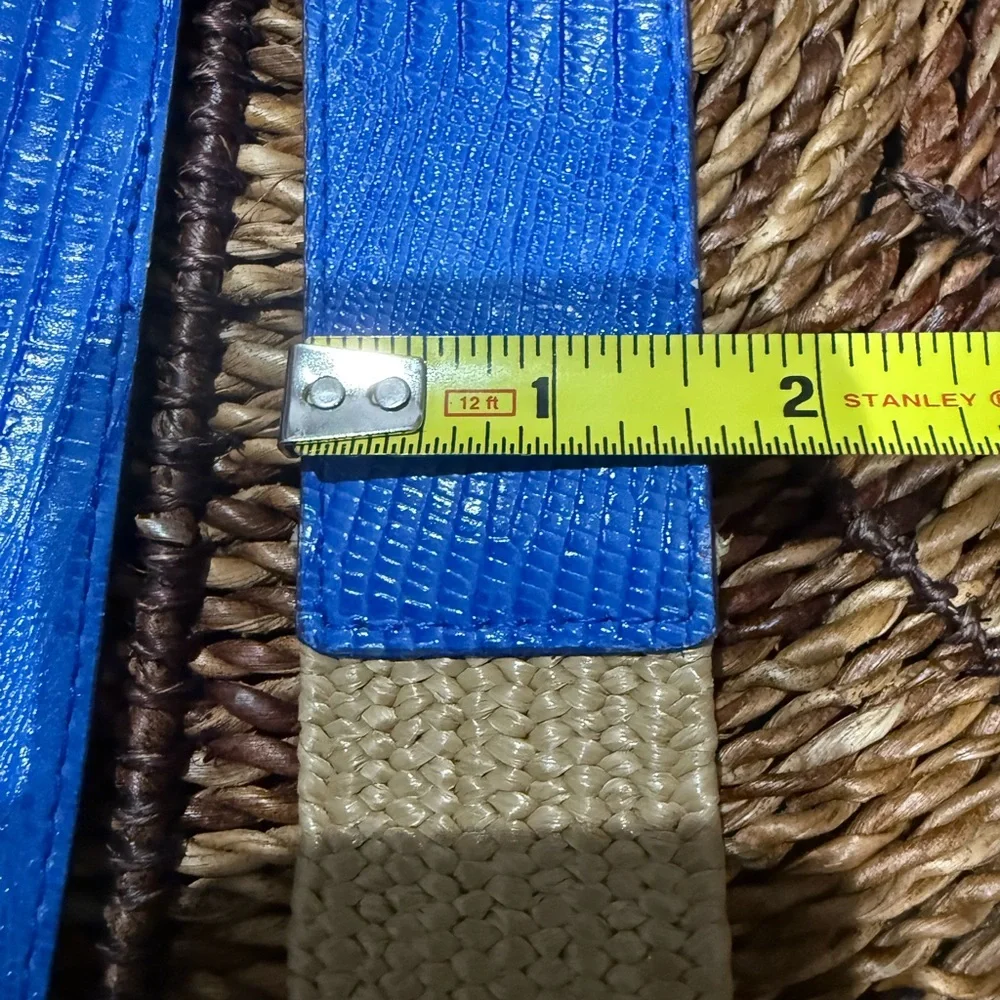 Michael Kors Stretch Straw Belt MK Logo‎ Buckle Sz L 39” Blue Silver Embossed